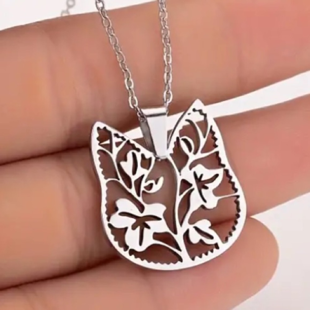 Ornate Cat Silver Toned Necklace